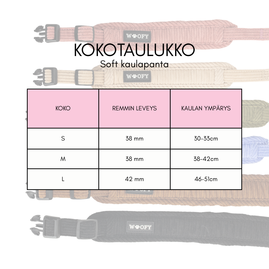 SOFT kaulapannan kokotaulukko, jossa esitetty kaulapannan koko, remmin leveys ja kaulan ympärys. Saatavilla kolme kokoa S, M ja L.