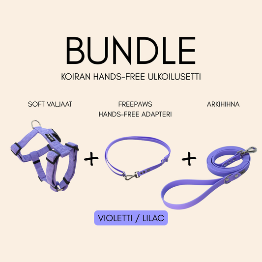 Tuotepaketti: Koiran hands-free ulkoilusetti (valjaat, arkihihna, FreePaws-adapteri s/m-koko) - liila