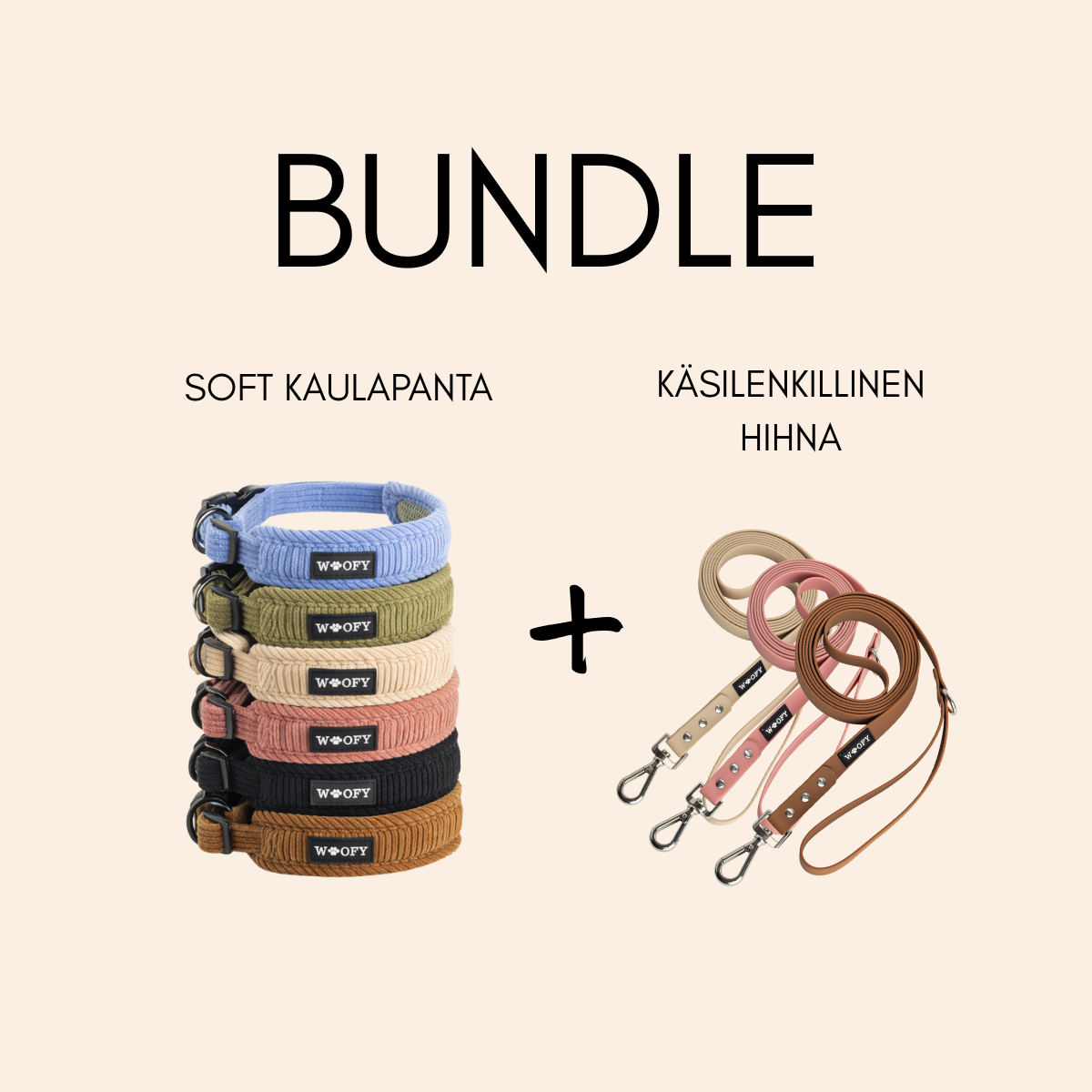 Tuotepaketin esittely. Valittavana mikä tahansa kaulapanta (koko & väri) ja käsilenkillinen hihna. 