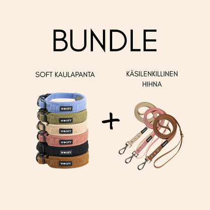 Tuotepaketin esittely. Valittavana mikä tahansa kaulapanta (koko & väri) ja käsilenkillinen hihna. 