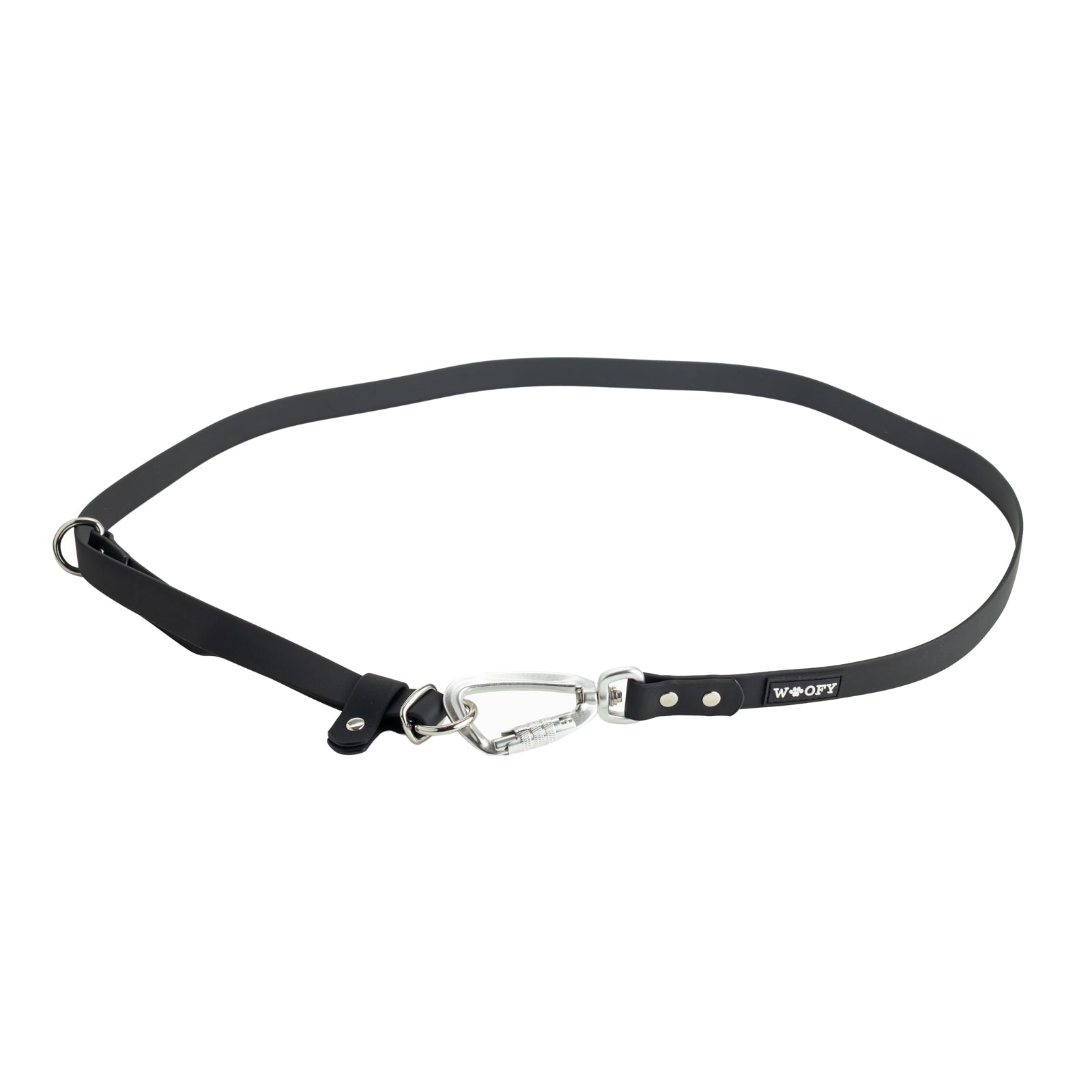 Woofyn musta Freepaws lisäosa hands-free kävelyyn. Twist-lock lukollinen malli.